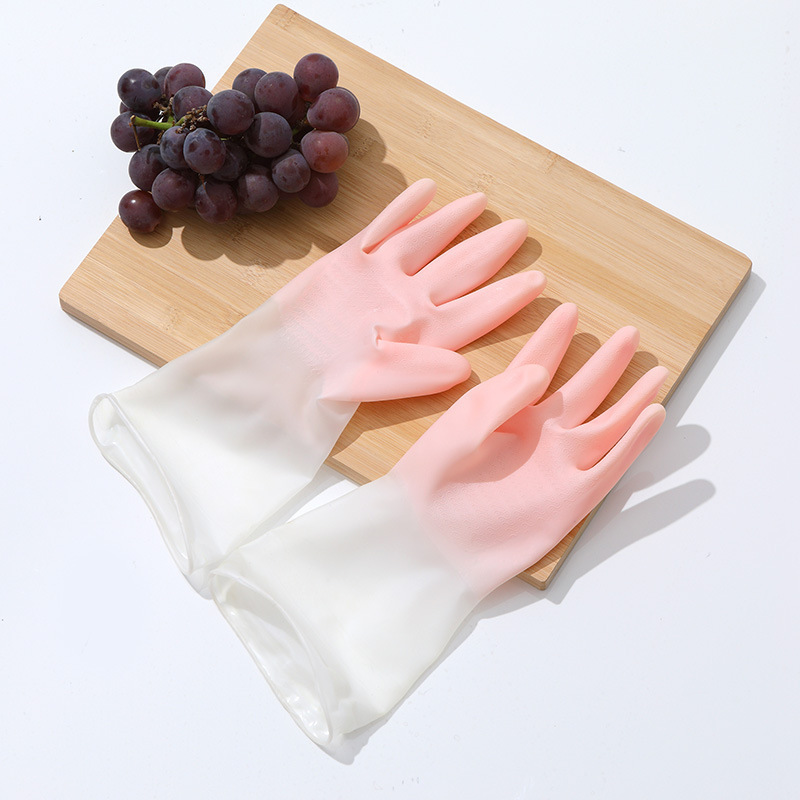 洗碗手套女防水家用厨房刷碗洗衣服洗菜贴手清洁耐用家务塑胶手套：透粉