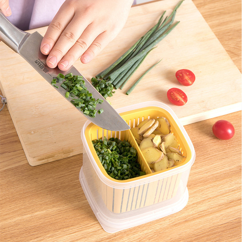 家用分格葱花保鲜盒 厨房冰箱专用水果蔬菜盒子沥水葱姜蒜收纳盒