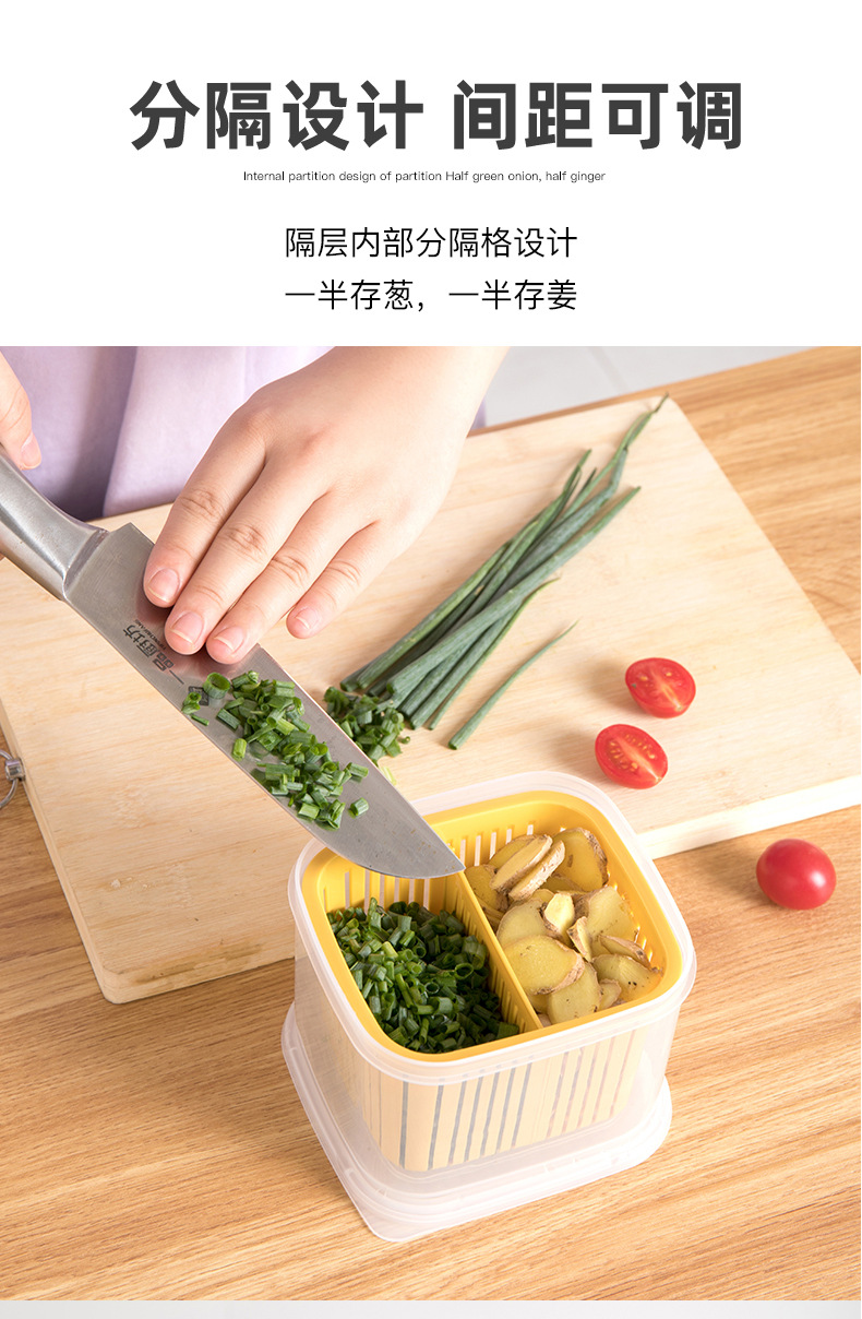 家用分格葱花保鲜盒 厨房冰箱专用水果蔬菜盒子沥水葱姜蒜收纳盒