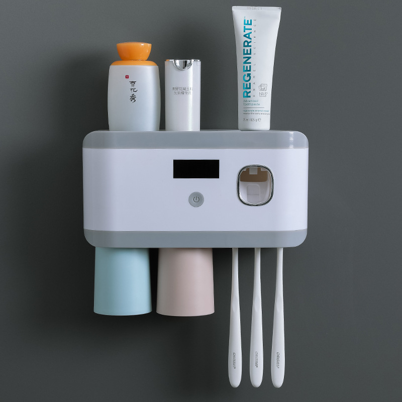智能牙刷消毒器电动壁挂卫生间免打孔刷牙杯收纳盒牙膏置物架：两杯混色款