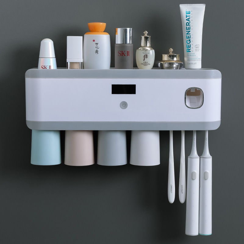 智能牙刷消毒器电动壁挂卫生间免打孔刷牙杯收纳盒牙膏置物架：四杯混色款