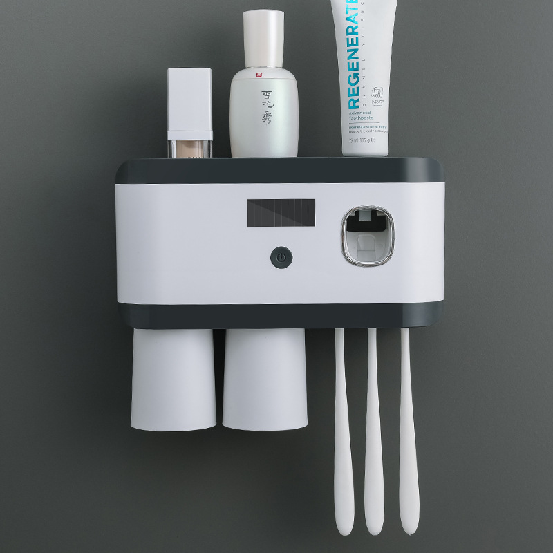 智能牙刷消毒器电动壁挂卫生间免打孔刷牙杯收纳盒牙膏置物架：黑色两杯