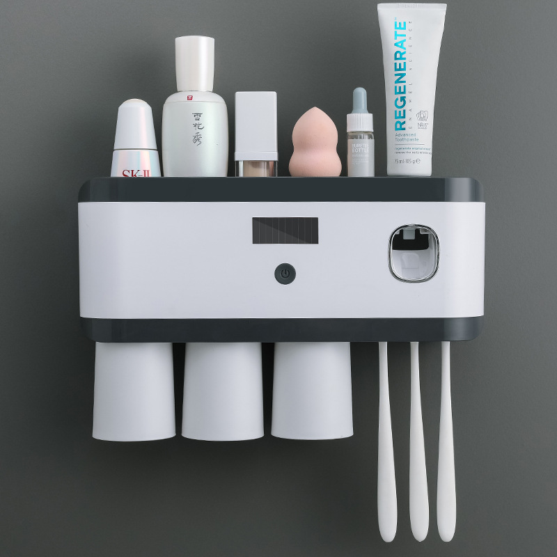 创意家居智能牙刷消毒器电动牙刷架套装免打孔紫外线置物架：三杯