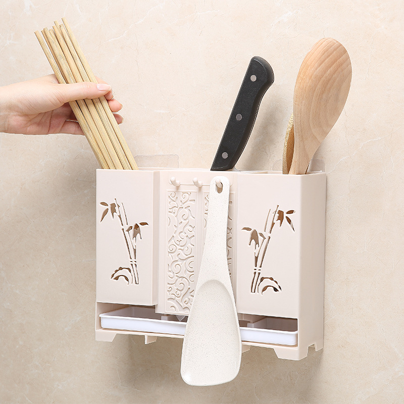 抖音筷子笼壁挂式家用免打孔筷筒沥水加厚厨房餐具汤勺收纳盒