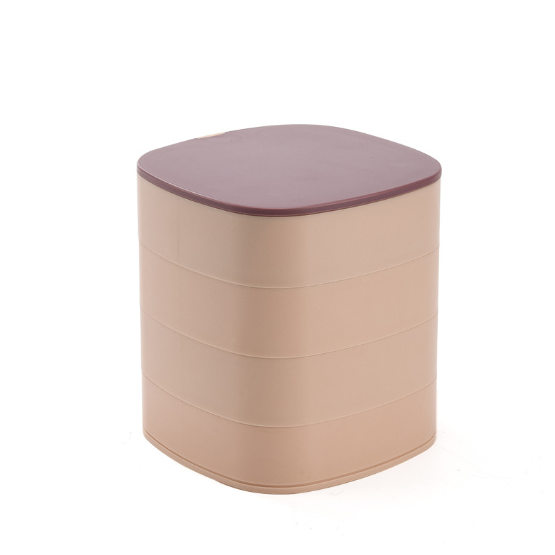 新品桌面撞色多层带镜子耳钉耳环首饰360度旋转收纳盒置物盒子：粉紫色
