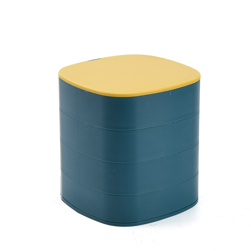 新品桌面撞色多层带镜子耳钉耳环首饰360度旋转收纳盒置物盒子：蓝黄色