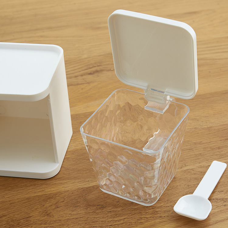 三格调味盒 横立两用带柄透明调味盒带勺子抽拉式固体防尘调味罐