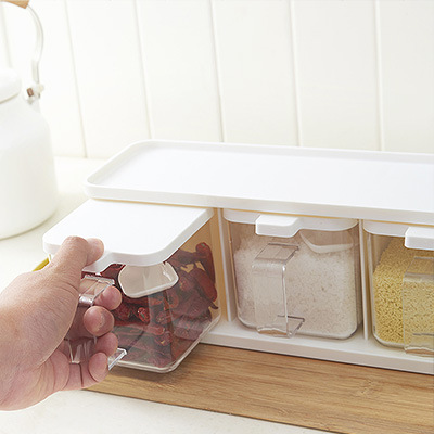 三格调味盒 横立两用带柄透明调味盒带勺子抽拉式固体防尘调味罐