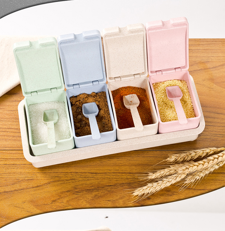 创意小麦秸秆四格调味盒 带勺子塑料调料架带盖厨房调料套装