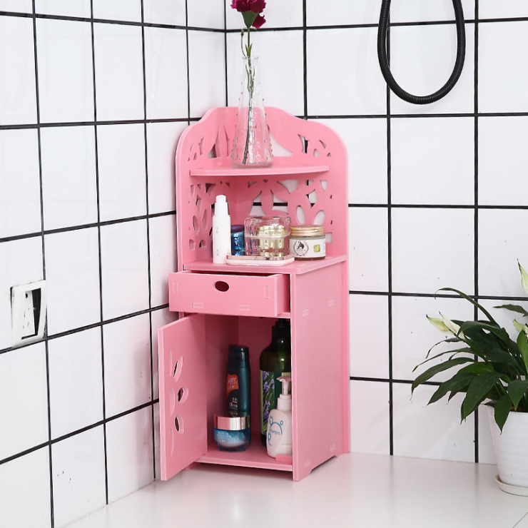 木塑板简约浴室置物架卫生间三角转角架 洗濑台化妆品收纳架：粉色