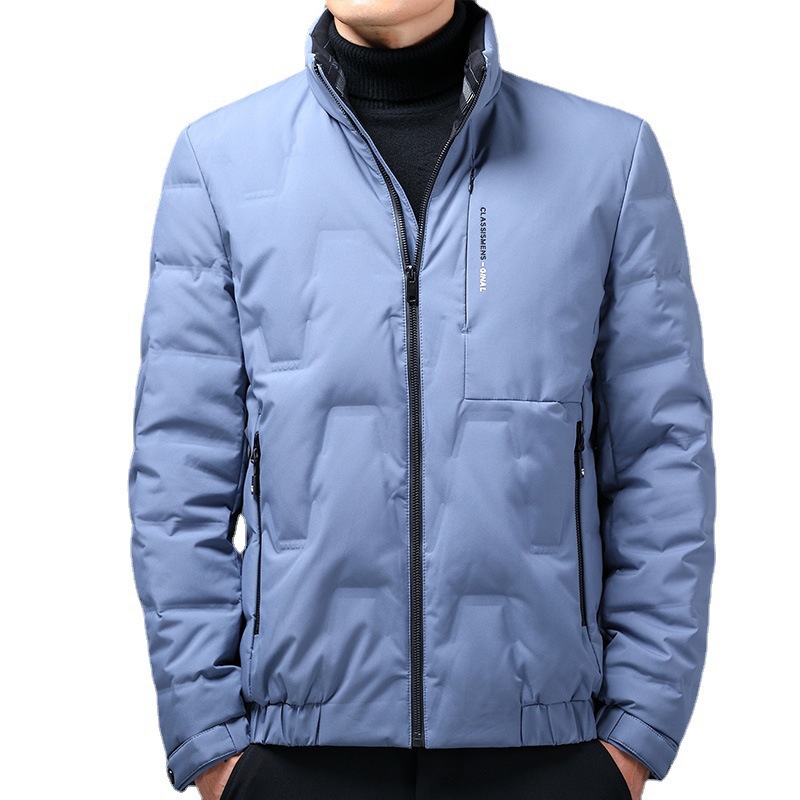 新款羽绒服立领夹克2021秋冬季中青年男装休闲保暖防风白鸭绒外套：浅蓝