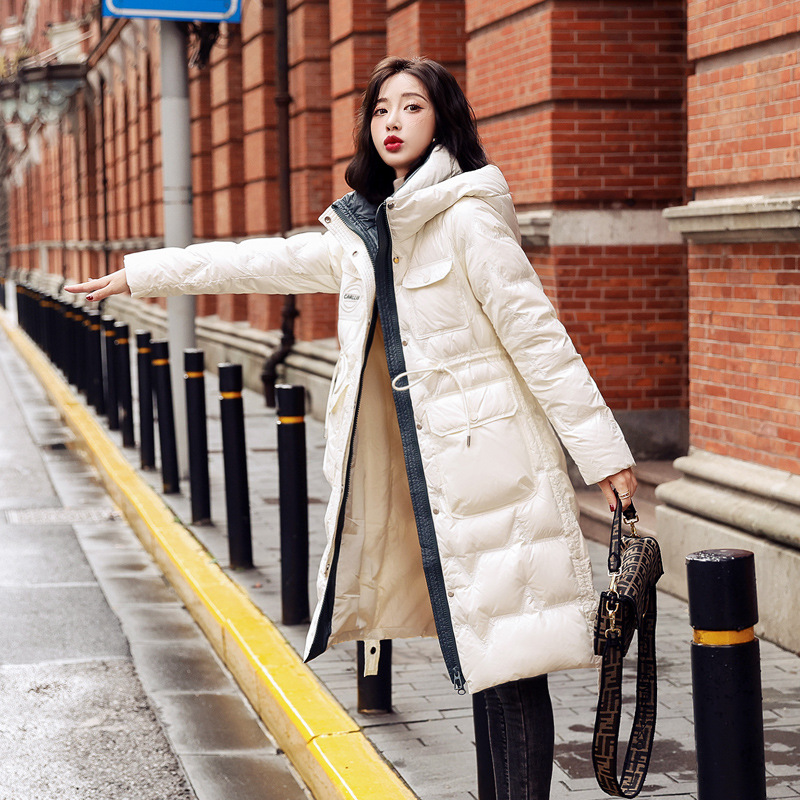羽绒服女2021冬季新款时尚韩版收腰显瘦中长款保暖白鸭绒外套女装：米白色