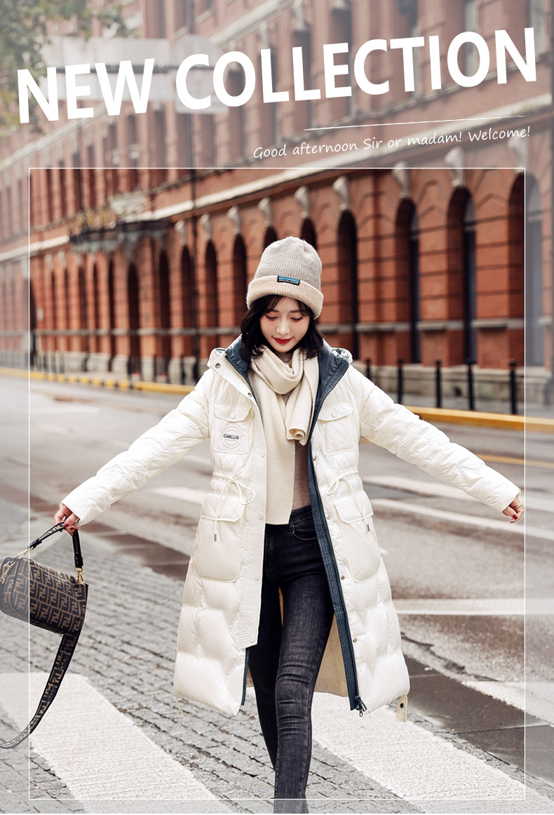 羽绒服女2021冬季新款时尚韩版收腰显瘦中长款保暖白鸭绒外套女装