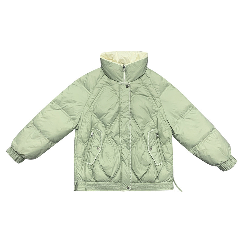 时尚清新豆绿色立领羽绒服女装一件代批发2021冬季新款白鸭绒外套